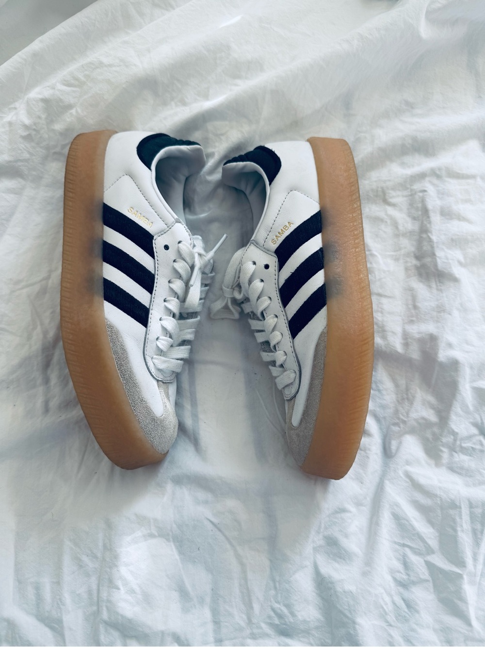 adidas White Sneakers with Black Stripes and Gum Sole